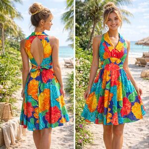 Vintage Ned Gould N.R.1 Artsy Floral Halter Neck Pocket Fit & Flare Dress Size 4